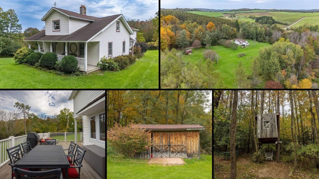 Exterior and land collage of a cheap Cape Cod farmhouse on 13.98 acres for sale in Sabinsville, Pennsylvania