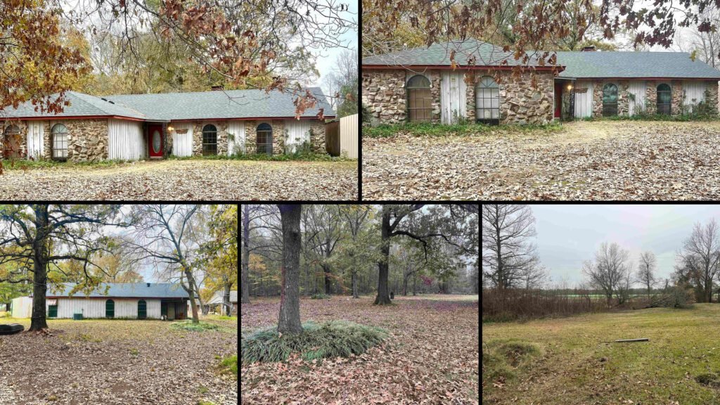 Exterior and land collage of a cheap farmhouse on 2 acres for sale in McGehee, Arkansas