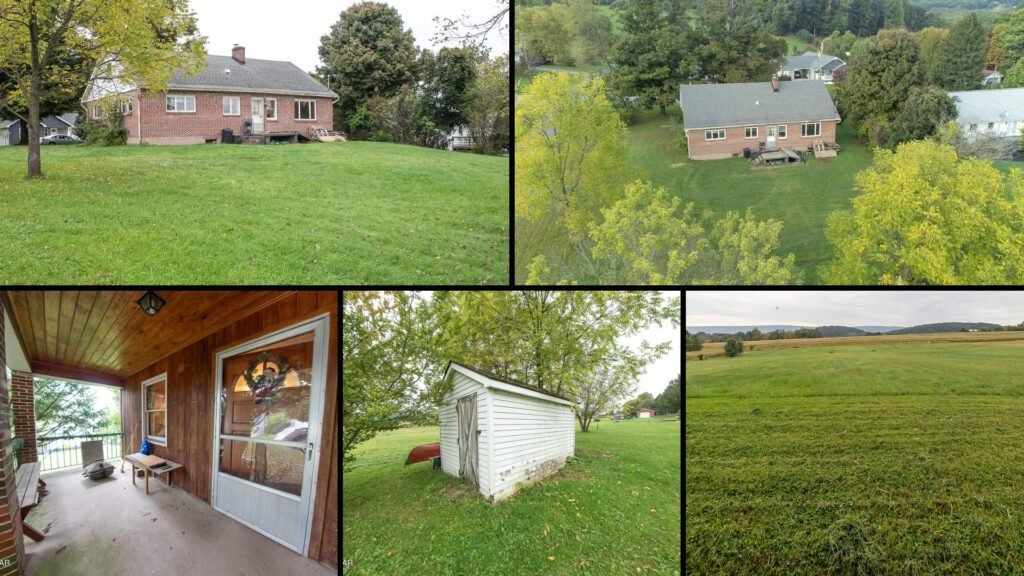 Exterior and land collage of a cheap brick home for sale in Montoursville, Pennsylvania — $125,000