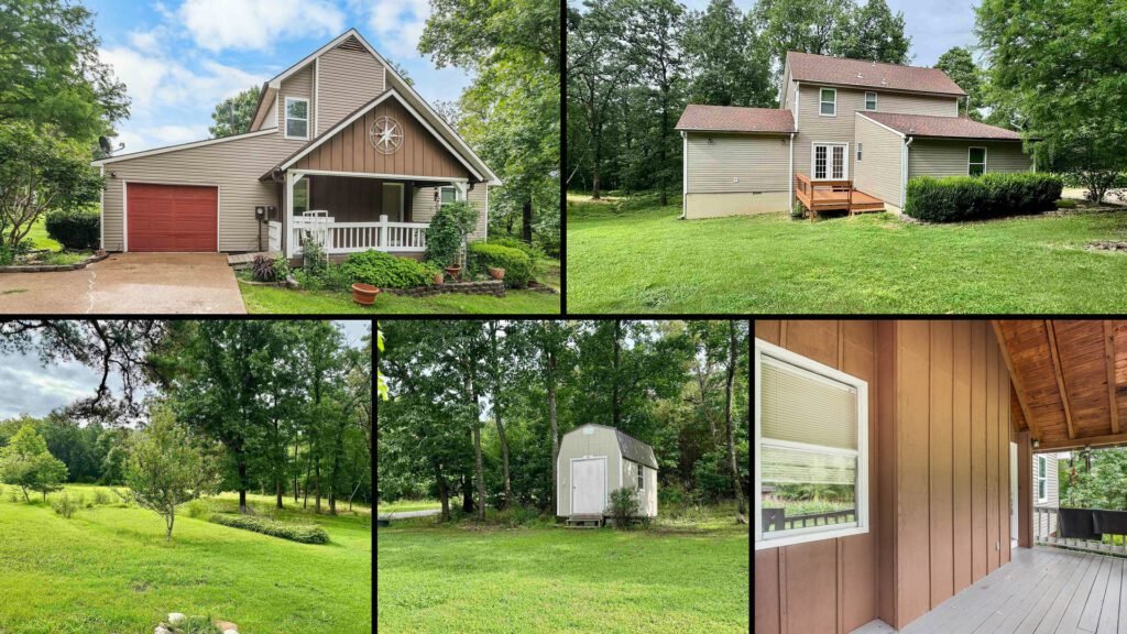 Exterior and land collage of a cheap farmhouse on 5.19 acres for sale in Melbourne, Arkansas