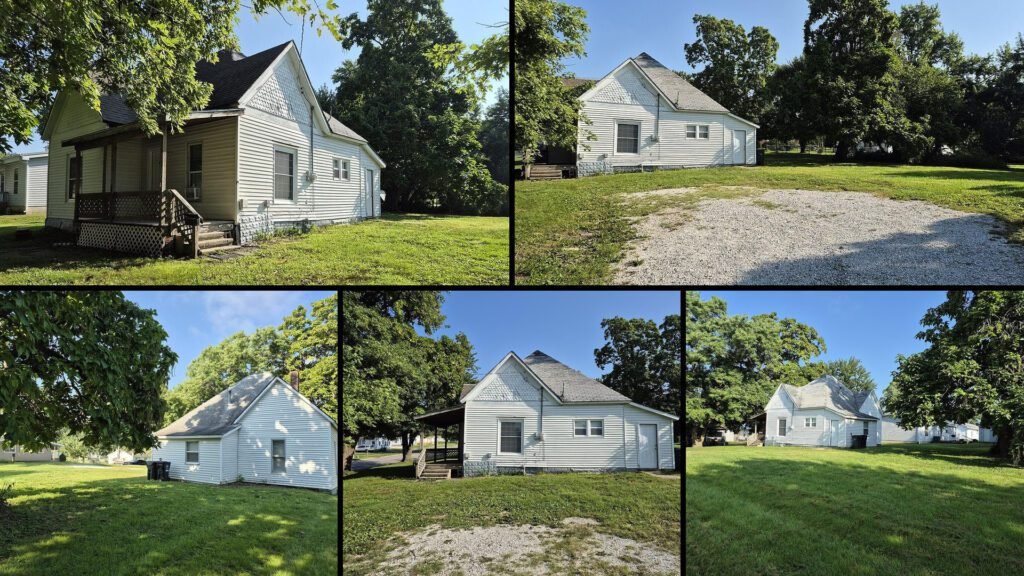 Exterior and land collage of a cheap farmhouse on 0.3 acres for sale in Kirksville, Missouri