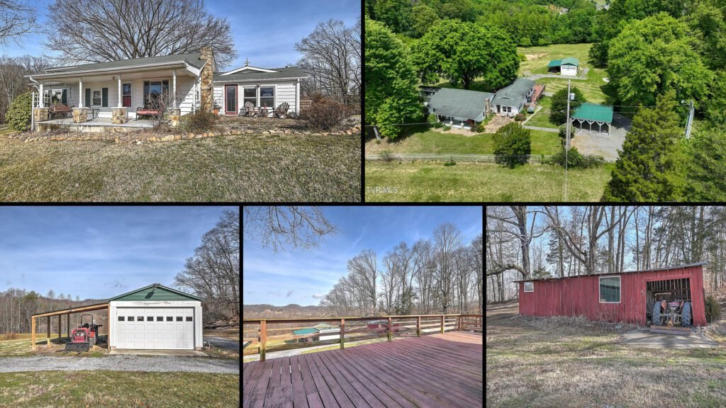 Exterior and land collage of a cheap farmhouse on 7.7 acres for sale in Mount Carmel, Tennessee