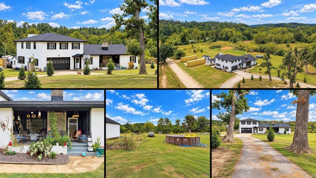 Exterior and land collage of a cheap farmhouse on 10.26 acres for sale in Des Arc, Missouri