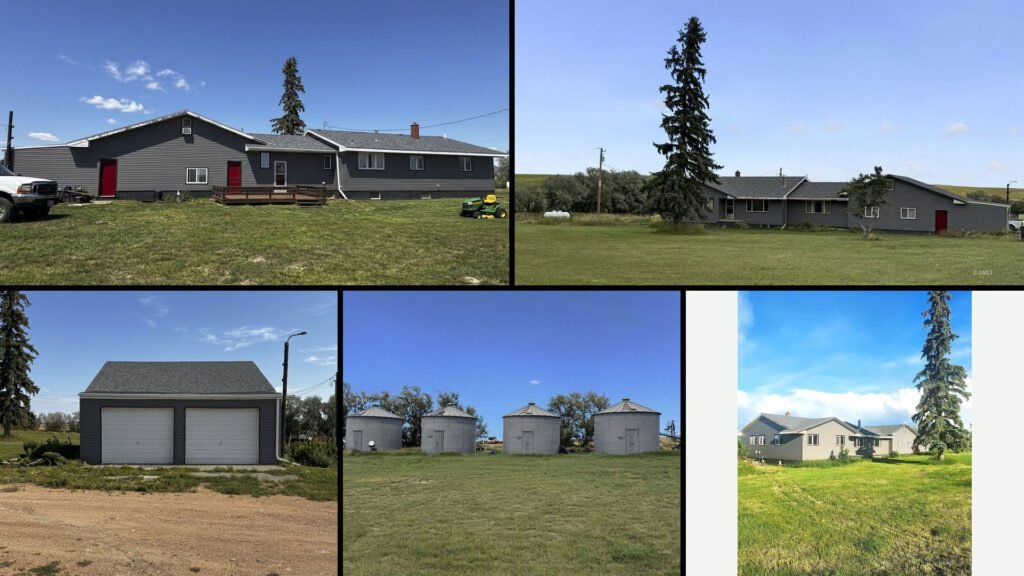 Exterior and land collage of a cheap ranch home on 40 acres for sale in Circle, Montana