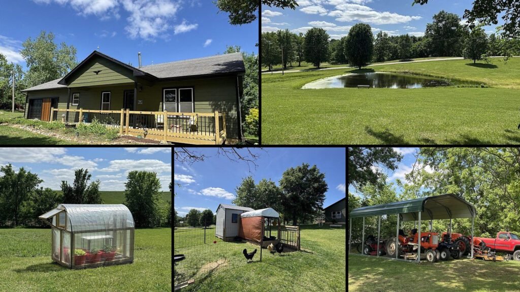 Exterior and land collage of a cheap farmhouse on 5 acres for sale in Ethel, Missouri
