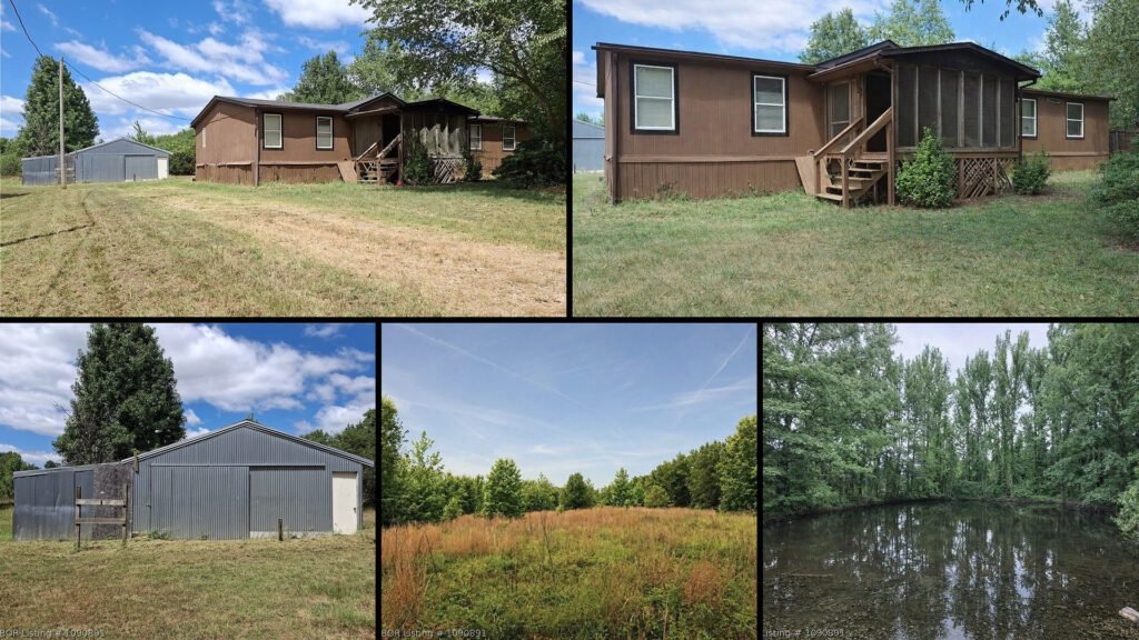 Exterior and land collage of a cheap farmhouse on 5 acres for sale in Mulberry, Arkansas