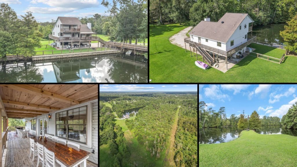 Exterior and land collage of a cheap three-story home on 13.4 acres for sale in Orange, Texas