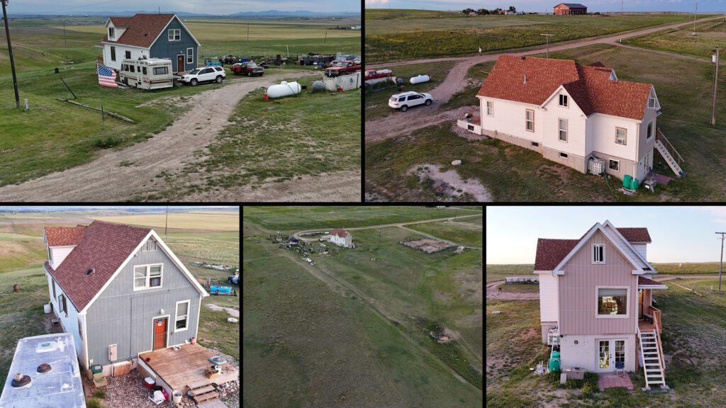 Exterior and land collage of a cheap farmhouse on 5 acres for sale in Great Falls, Montana