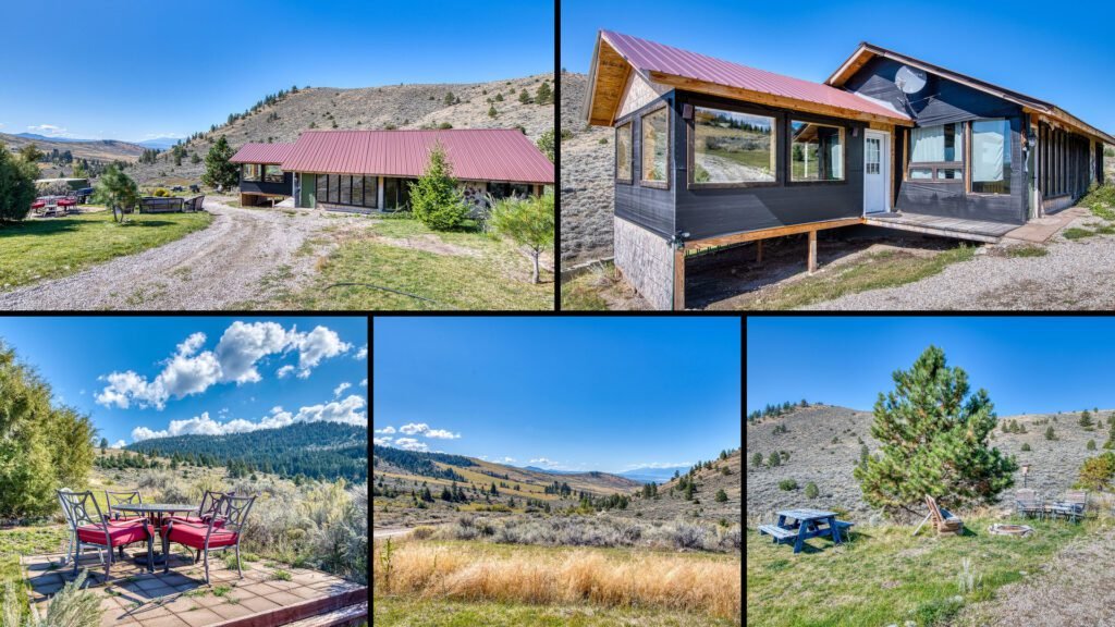 Exterior and land collage of a cheap cabin on 2 acres for sale in Corvallis, Montana