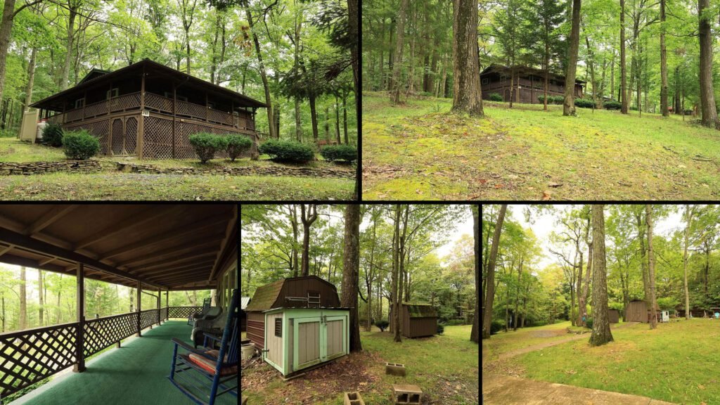 Exterior and land collage of a cheap hunting cabin on 2 acres for sale in Snow Shoe, Pennsylvania
