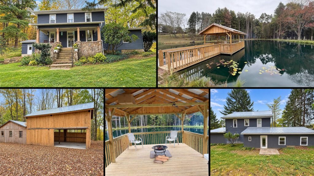 Exterior and land collage of a cheap farmhouse on 9.75 acres for sale in Punxsutawney, Pennsylvania