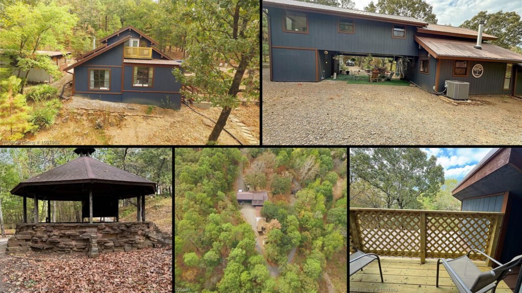 Exterior and land collage of a cheap farmhouse on 10 acres for sale in Booneville, Arkansas