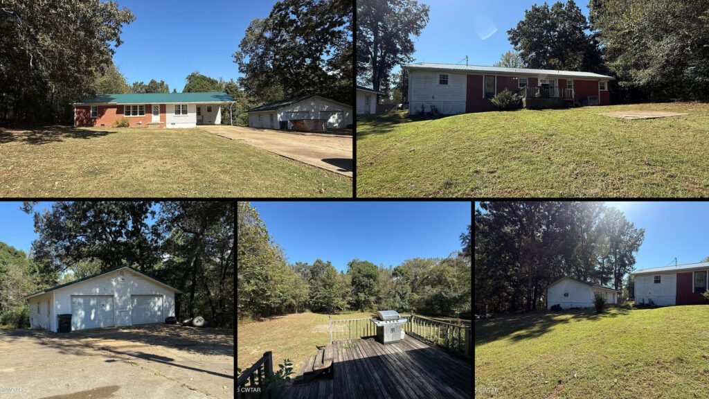 Exterior and land collage of a cheap ranch home on 3.5 acres for sale in McKenzie, Tennessee