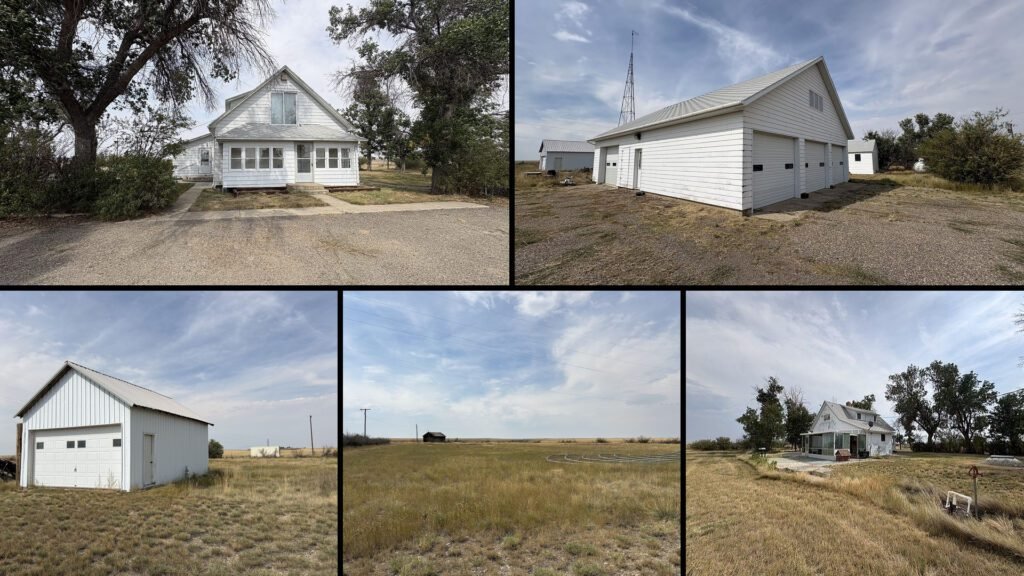 Exterior and land collage of a cheap farmhouse on 11.54 acres for sale in Chester, Montana