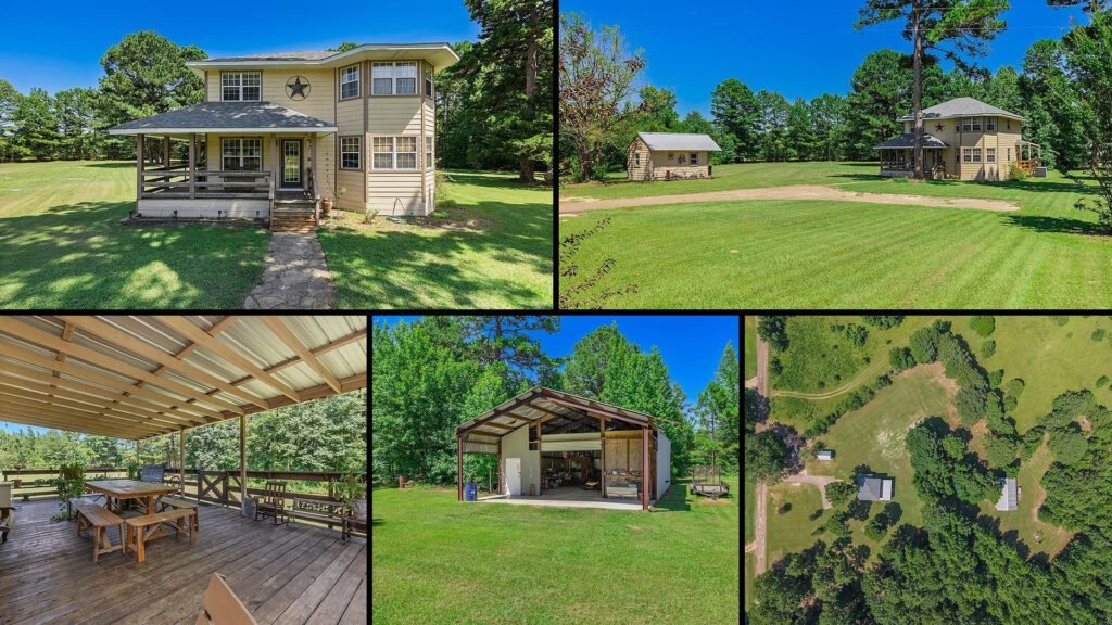 Exterior and land collage of a cheap split-level home on 8.07 acres for sale in Atlanta, Texas