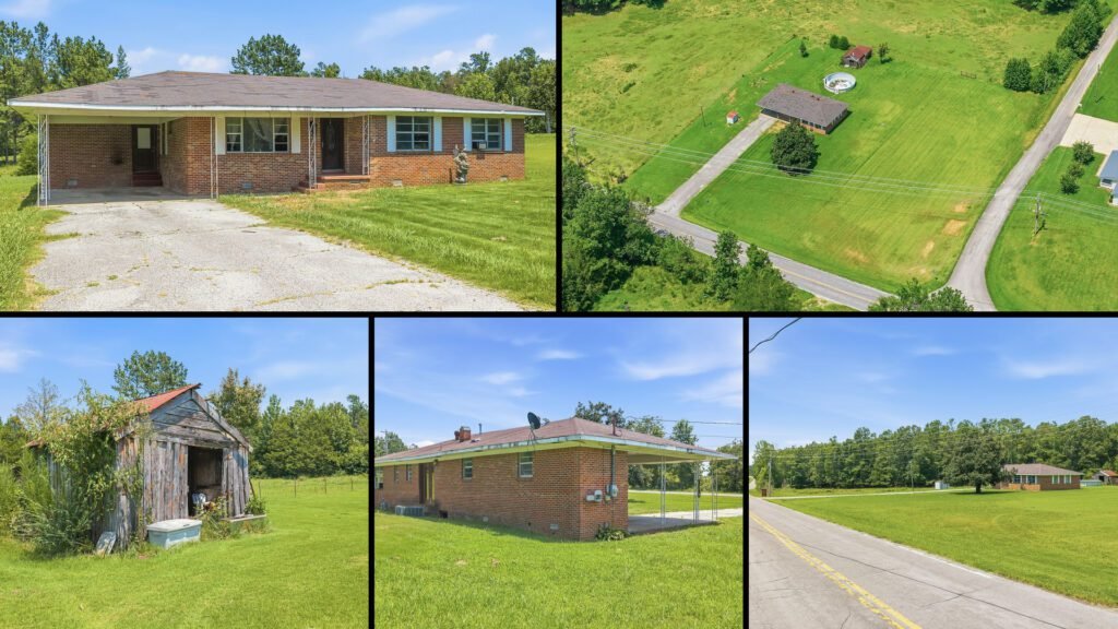 Exterior and land collage of a cheap brick ranch on 2 acres for sale in Bath Springs, Tennessee