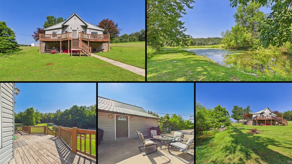 Exterior and land collage of a cheap farmhouse on 2.96 acres for sale in Perryville, Missouri