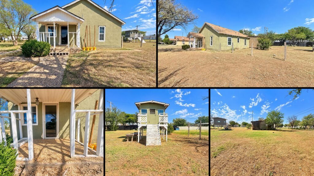 Exterior and land collage of a cheap stucco fixer-upper on 0.32 acres for sale in Slaton, Texas