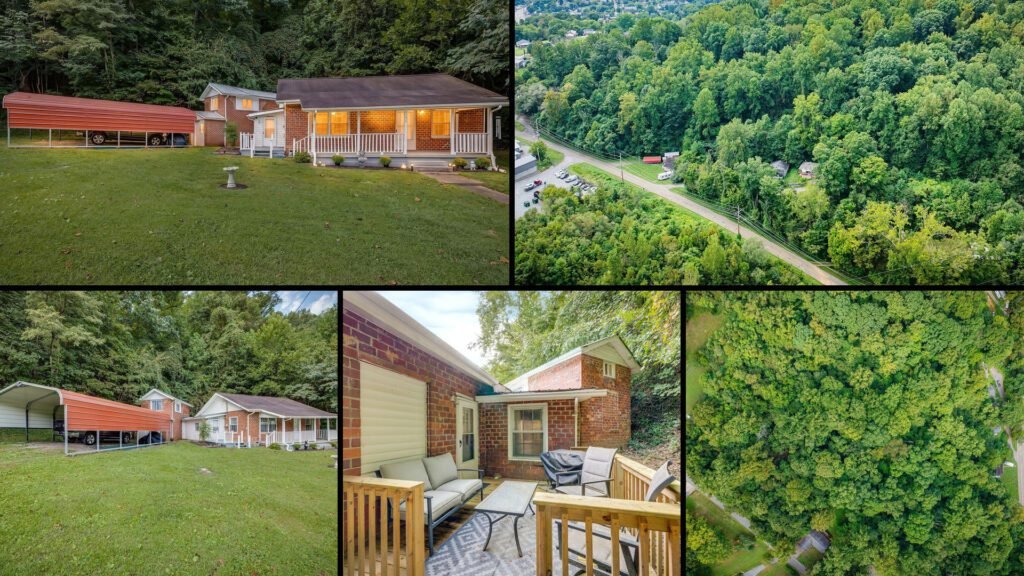 Exterior and land collage of a cheap home on 2.8 acres for sale in Kingsport, Tennessee