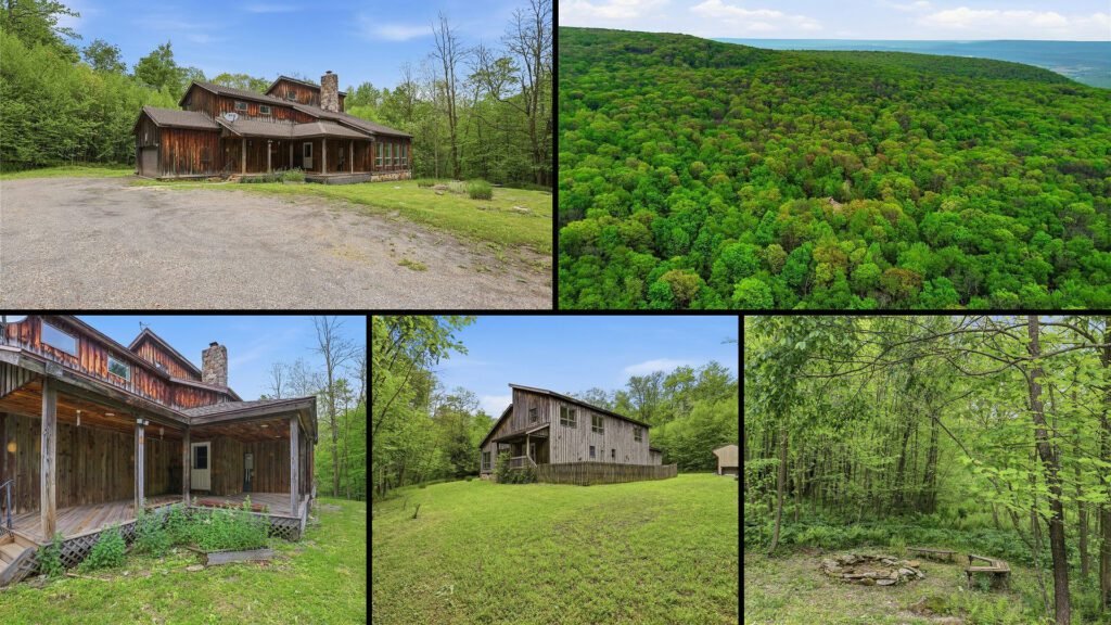 Exterior and land collage of a cheap timber-frame home on 7.9 acres for sale in Central City, Pennsylvania