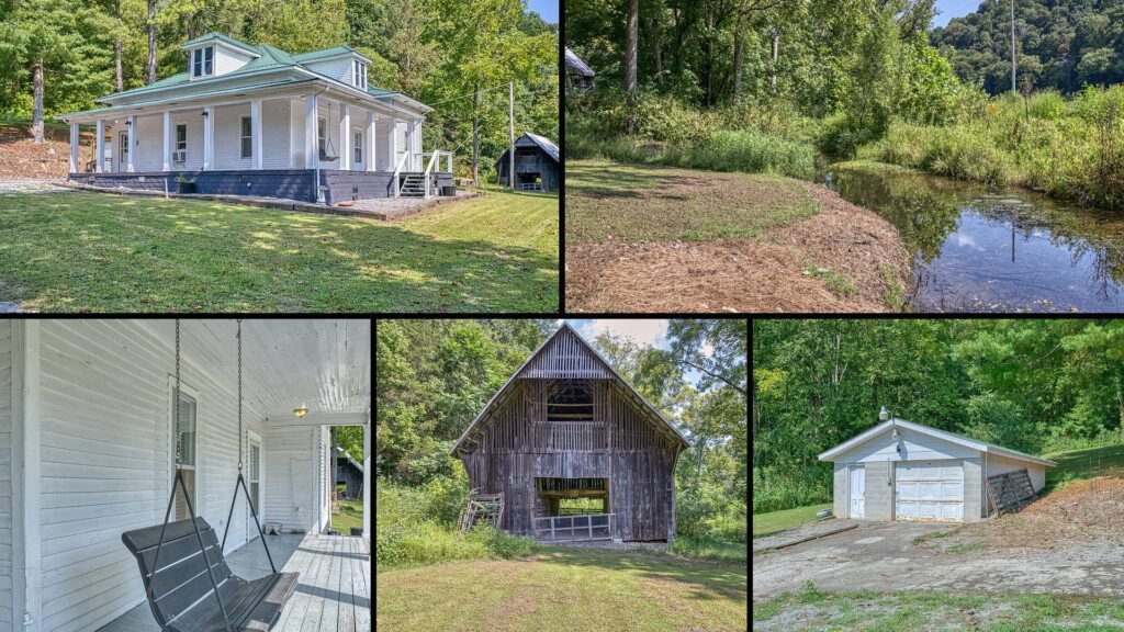 Exterior and land collage of a cheap farmhouse on 21.29 acres for sale in Whitleyville, Tennessee