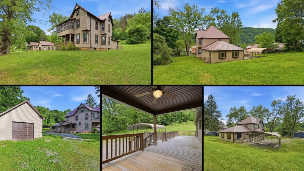 Exterior and land collage of a cheap Victorian home on 13 acres for sale in Tionesta, Pennsylvania