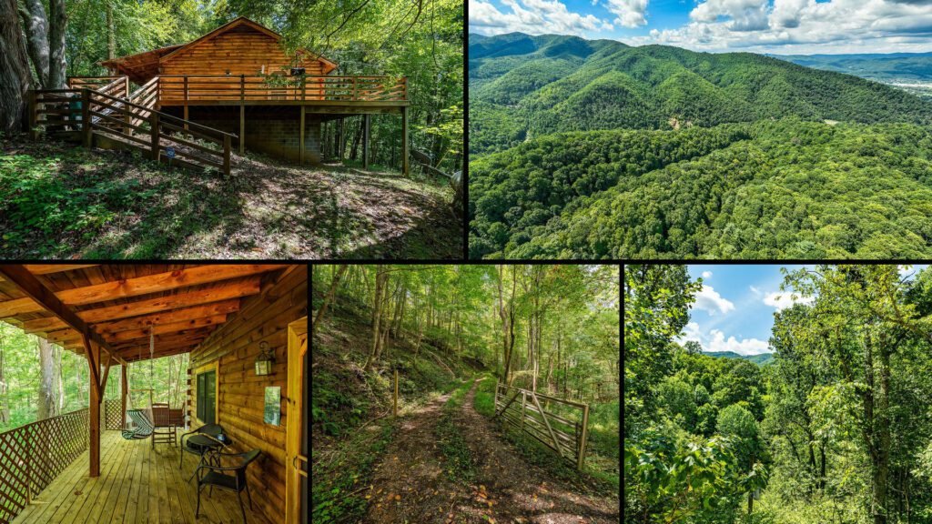 Exterior and land collage of a cheap log home on 9.04 acres for sale in Mountain City, Tennessee