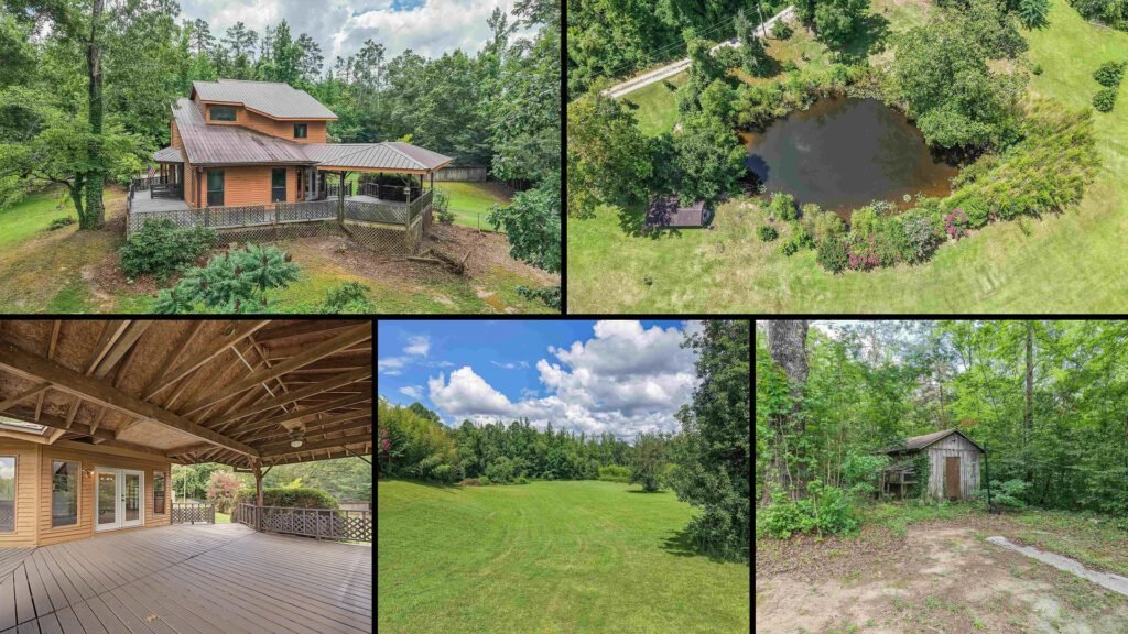 Exterior and land collage of a cheap country home on 8.16 acres for sale in Selmer, Tennessee