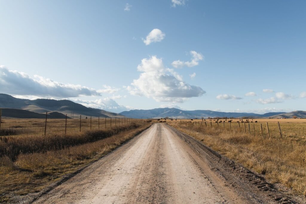 Gravel road running between fenced dry grassland toward distant mountains in Montana