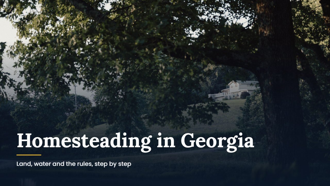 Homesteading in Georgia: rural house beside a pond surrounded by green fields in Suches, Union County, Georgia