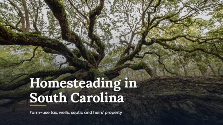 Homesteading in South Carolina guide cover over the limbs of the Angel Oak on Johns Island, South Carolina