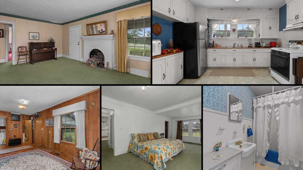 Interior collage of a cheap country cottage for sale in Center, Texas — 16.78 acres at $199,500