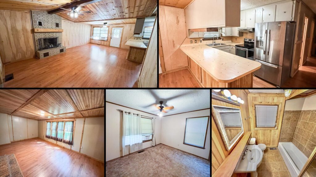 Interior collage of a cheap brick home for sale in Atlanta, Texas — 2 acres at $146,675