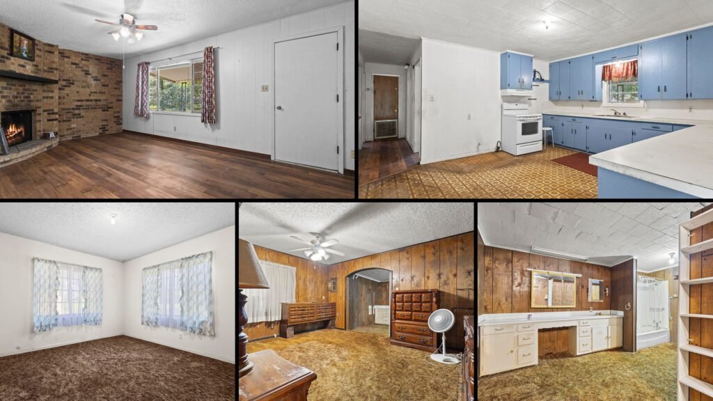 Interior collage of a cheap country home for sale in Kountze, Texas — 2 acres at $105,000