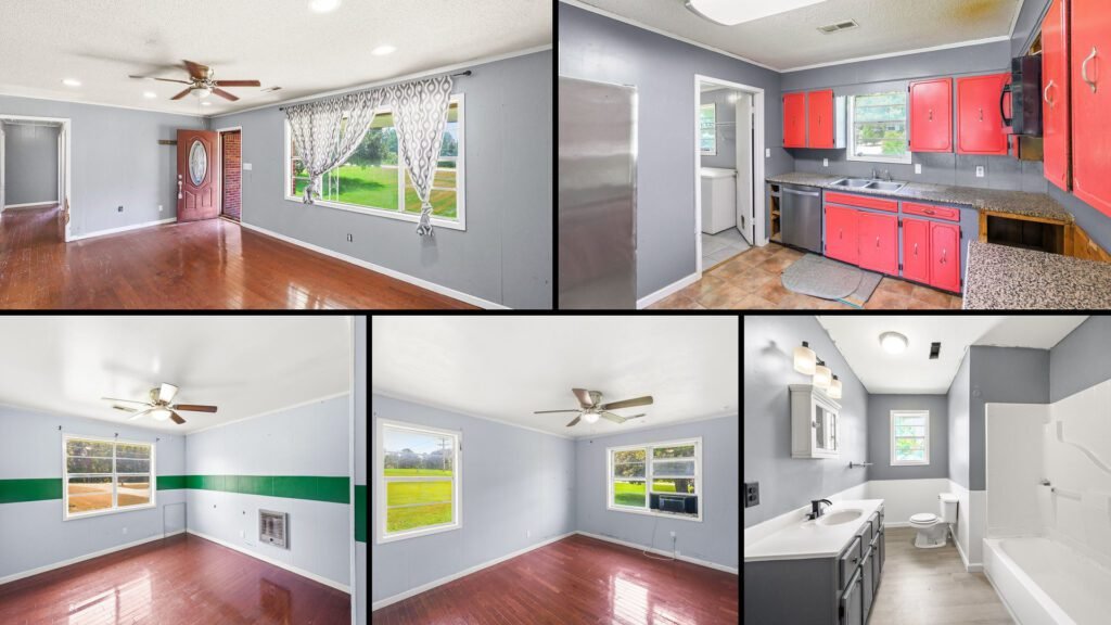 Interior collage of a cheap brick ranch for sale in Bath Springs, Tennessee — 2 acres at $99,000