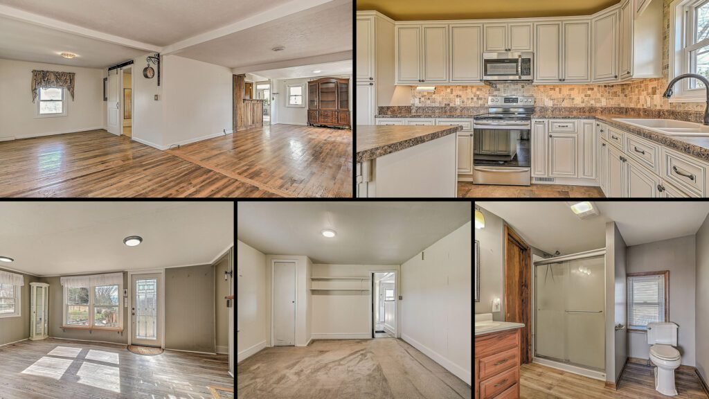 Interior collage of a cheap farmhouse for sale in Mount Carmel, Tennessee — 7.7 acres at $299,500