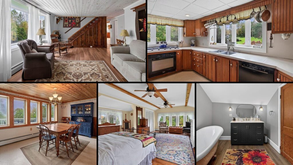 Interior collage of a cheap Cape Cod farmhouse for sale in Sabinsville, Pennsylvania — 13.98 acres at $299,000
