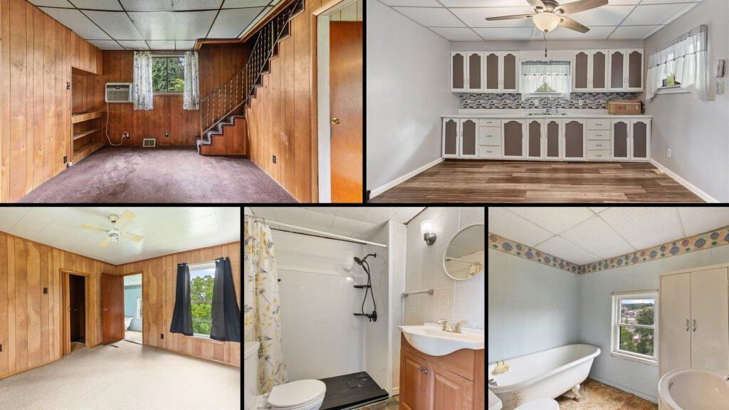 Interior collage of a cheap fixer-upper home for sale in Washington, Pennsylvania — 1,346 sq ft at $49,900