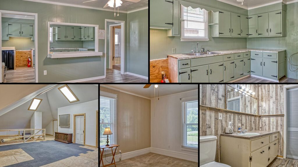 Interior collage of a cheap farmhouse for sale in Whitleyville, Tennessee — 21.29 acres at $325,000