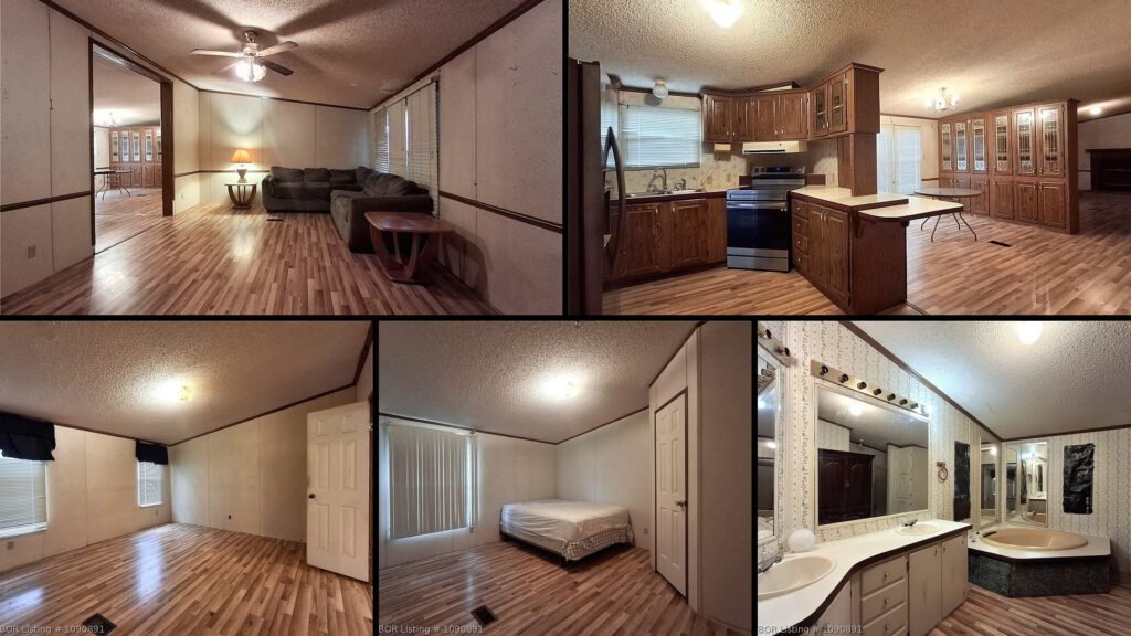 Interior collage of a cheap farmhouse for sale in Mulberry, Arkansas — 5 acres at $129,000
