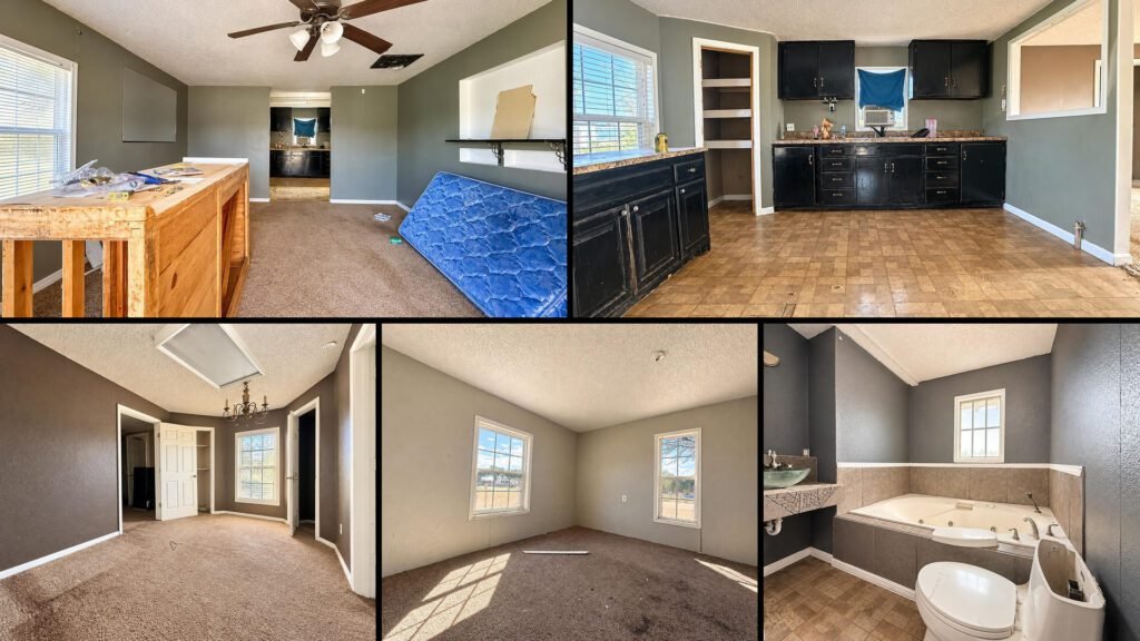Interior collage of a cheap stucco fixer-upper for sale in Slaton, Texas — 0.32 acres at $24,500