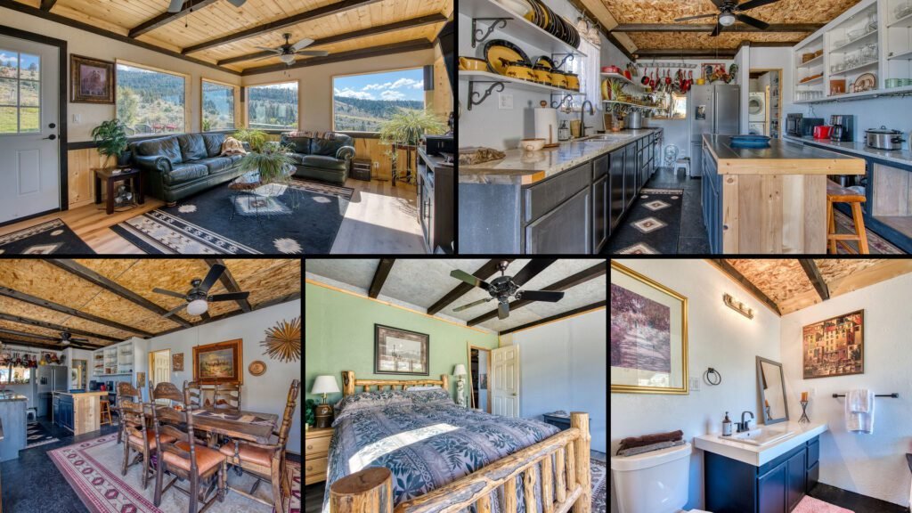 Interior collage of a cheap cabin for sale in Corvallis, Montana — 2 acres at $299,000