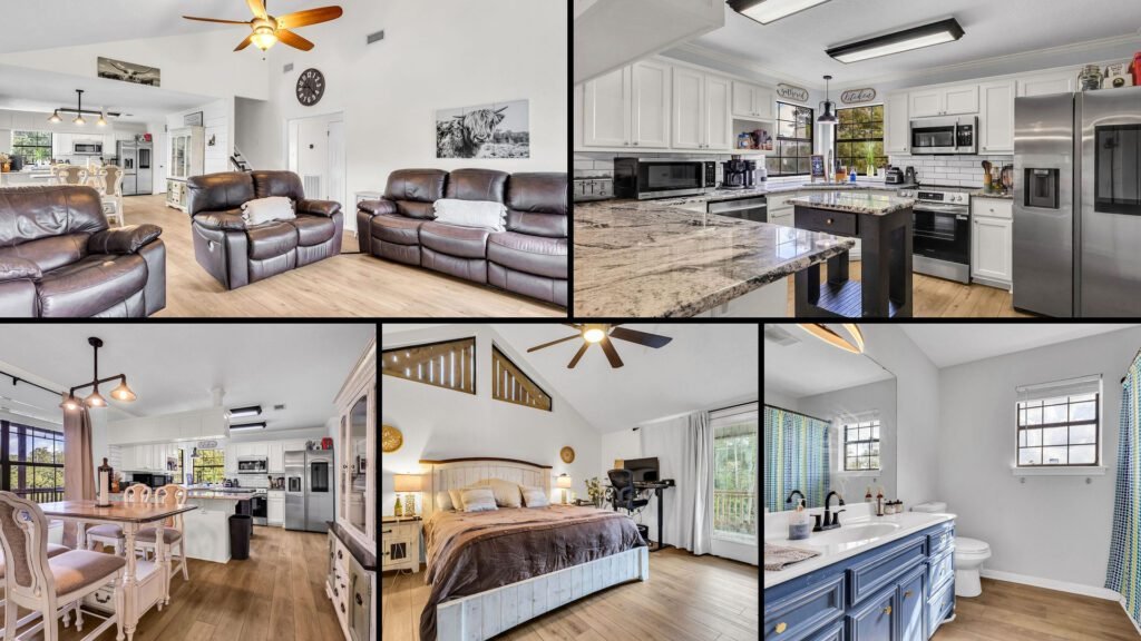 Interior collage of a cheap three-story home for sale in Orange, Texas — 13.4 acres at $389,000