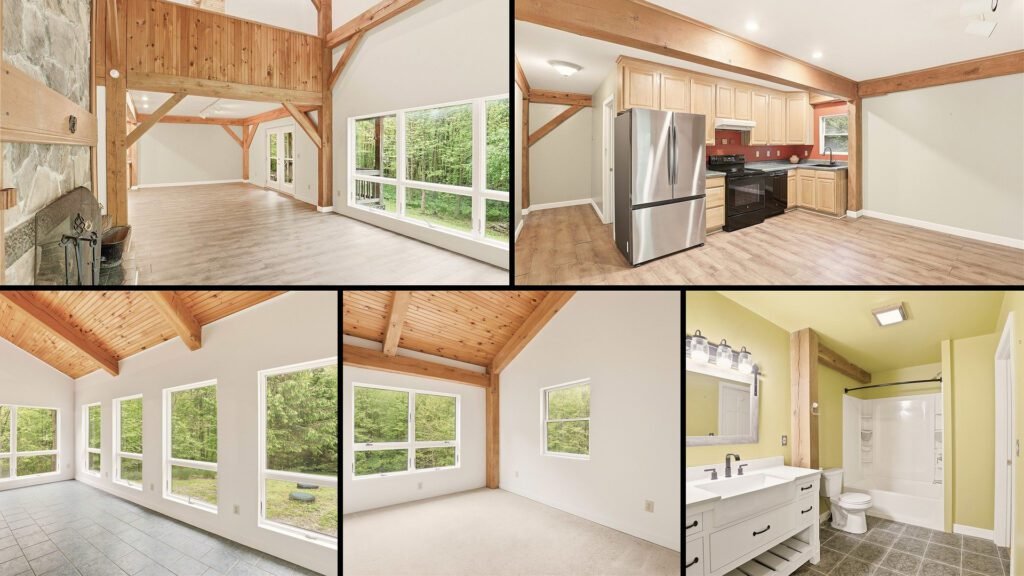 Interior collage of a cheap timber-frame home for sale in Central City, Pennsylvania — 7.9 acres at $345,000