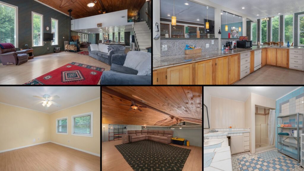 Interior collage of a cheap country home for sale in Linden, Tennessee — 16.2 acres at $350,000