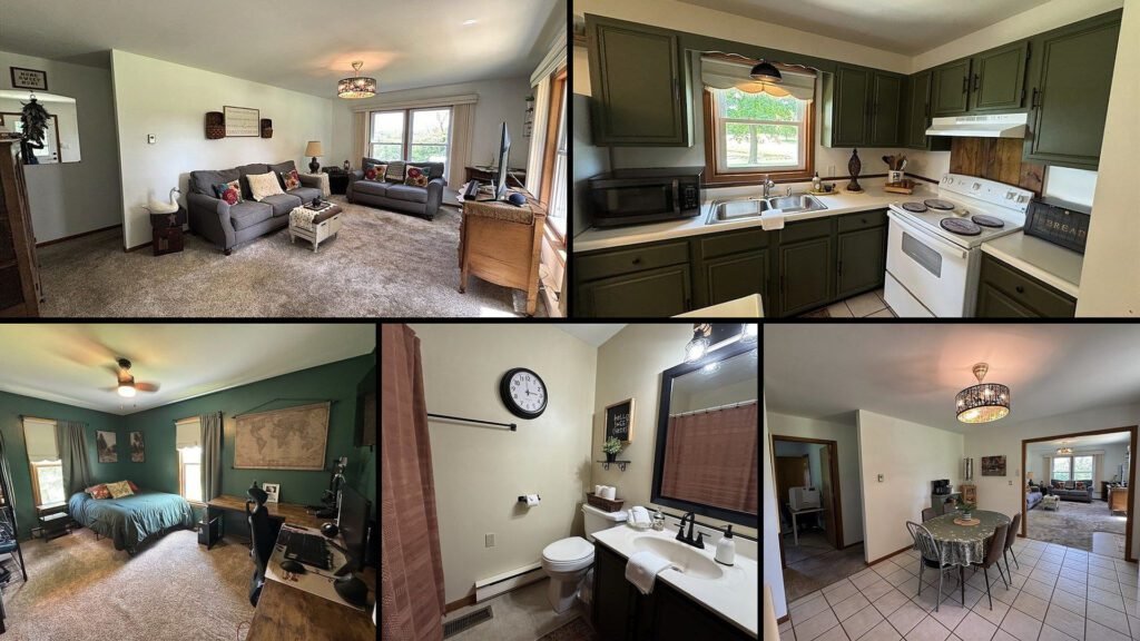 Interior collage of a cheap farmhouse for sale in Ethel, Missouri — 5 acres at $195,000