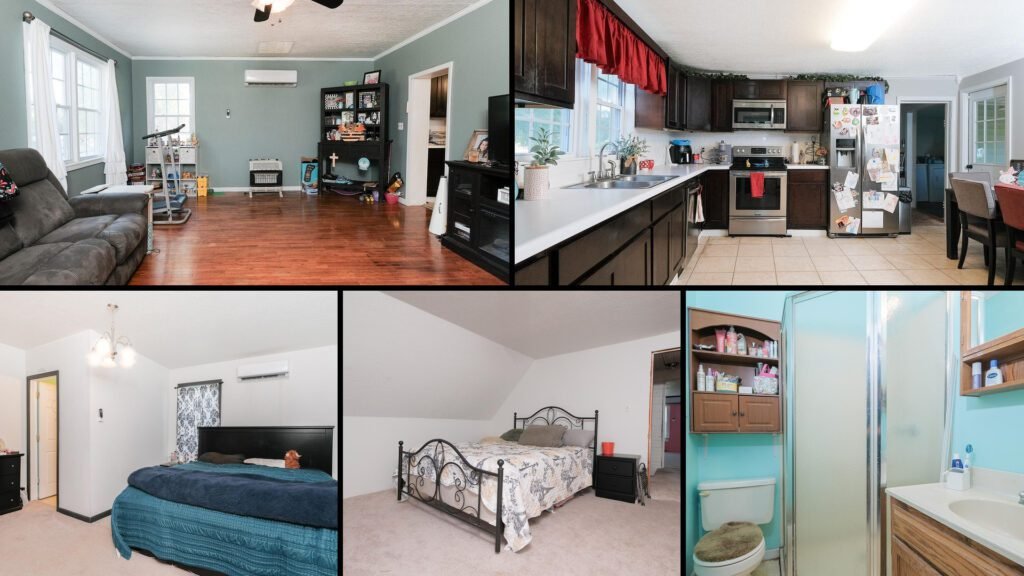 Interior collage of a cheap farmhouse for sale in Sharon, Tennessee — 4 acres at $199,000