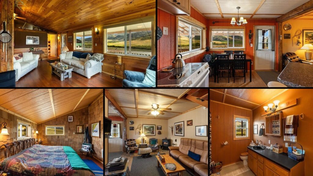 Interior collage of a cheap mountain cabin for sale in Polaris, Montana — 2.35 acres at $395,000
