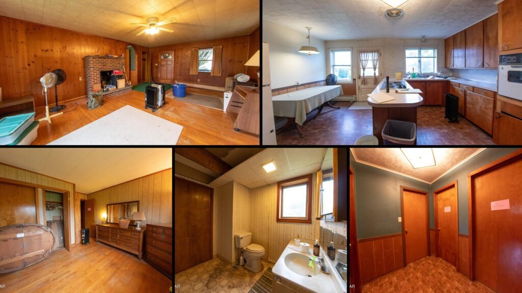 Interior collage of a cheap brick home for sale in Montoursville, Pennsylvania — 2,219 sq ft at $125,000