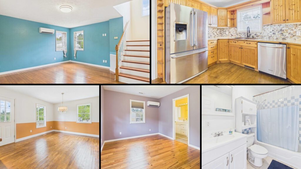 Interior collage of a cheap farmhouse for sale in Mountain Home, Arkansas — 6.38 acres at $249,900